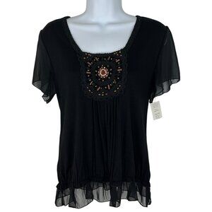 Panitti Women's Size S Elastic Ruffle Hem Beaded Whimsigoth Fairy Black Top NEW